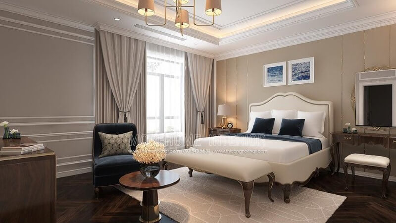 Bố trí nội thất phòng ngủ tân cổ điển đẹp, sang trọng nổi bật với sắc trắng điểm nhấn từ bộ đôn, giường bọc nệm gỗ óc chó tự nhiên. Thiết kế nội thất