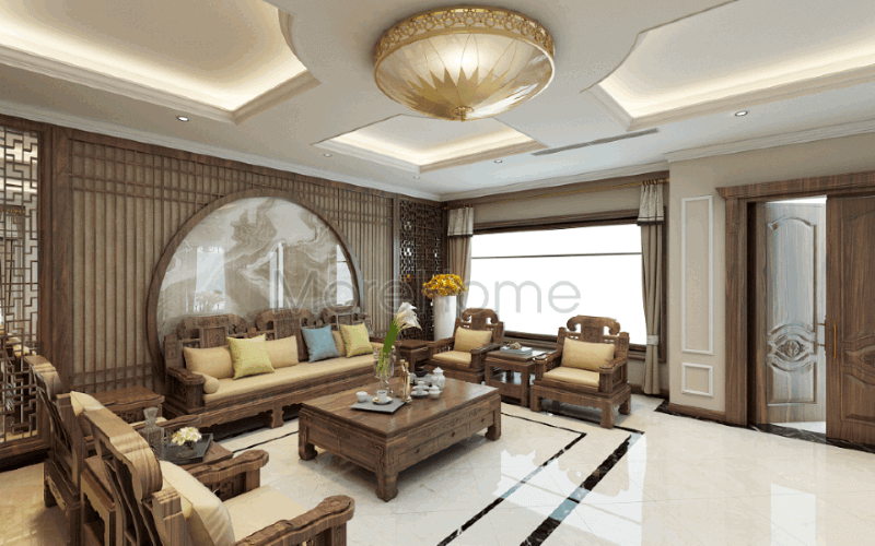 Đường vân uốn lượn sống động từ đá ốp tường cao cấp kết hợp cùng bức vách ốp tường hoa văn trang nhã góp phần tạo nên bức tranh phòng khách Á Đông tuyệt đẹp cho biệt thự Riverside Nguyễn Duy Trinh, Quận 2, Tp. Hồ Chí Minh. Thiết kế nội thất