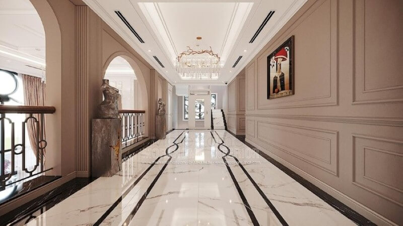 Ý tưởng thiết kế hành lang đẹp kết hợp độc đáo giữa đá lát nền, phào chỉ tường, đèn trang trí. Thiết kế nội thất