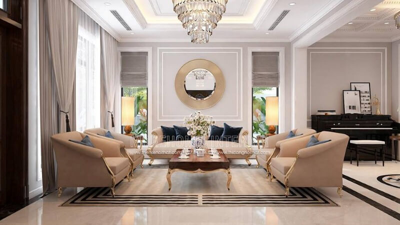 Bộ bàn ghế sofa chân gỗ mạ vàng đẹp, sang trọng cho không gian phòng khách biệt thự, nhà phố. Thiết kế nội thất