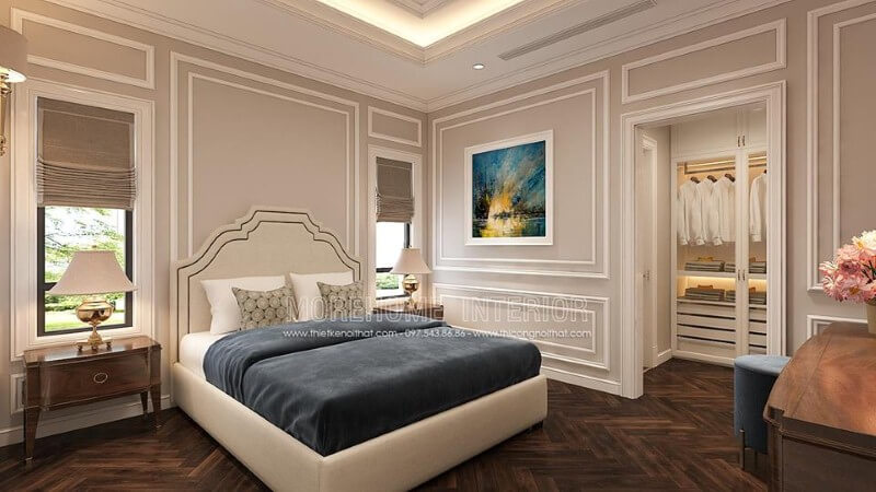 Thiết kế nội thất phòng ngủ tân cổ điển đẹp, sang trọng, tinh tế với gam trắng chủ đạo từ giường, tường, trần thạch cao. Thiết kế nội thất