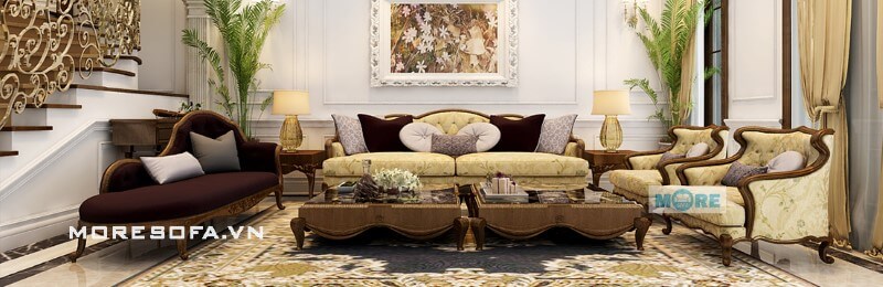 Thiết kế, sản xuất Sofa tân cổ điển MS-029 gỗ tự nhiên, bọc nỉ nhập khẩu cao cấp tinh tếcho phòng khách chung cư, biệt thự Thiết kế nội thất