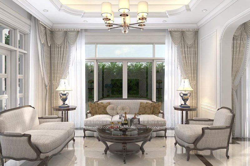 Sofa tân cổ điển gỗ tự nhiên Óc chó bọc nỉ màu ghi sáng tạo cảm giác sáng sủa, rộng rãi cho phòng khách chung cư Thiết kế nội thất