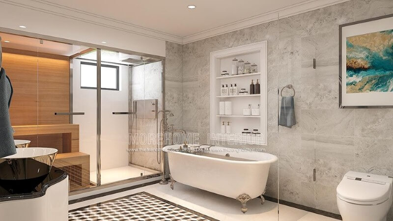 Đá ốp phòng tắm cao cấp, gạch lát nền giả cổ, bồn tắm trắng hoa văn cổ điển cùng vách tắm kính cường lực trong suốt đã tạo nên không gian phòng tắm thông thoáng, đẹp mắt và sang trọng. Thiết kế nội thất cao cấp