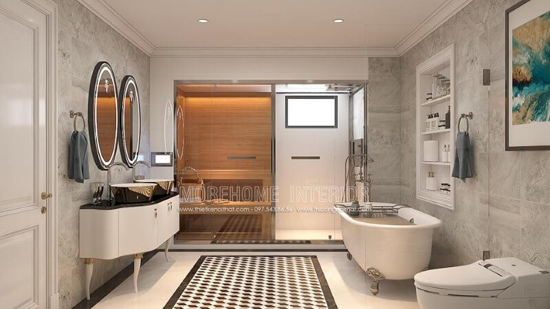 Trang trí phòng tắm đứng kết hợp phòng xông hơi gia đình, bồn tắm đẹp, sang trọng. Thiết kế nội thất cao cấp