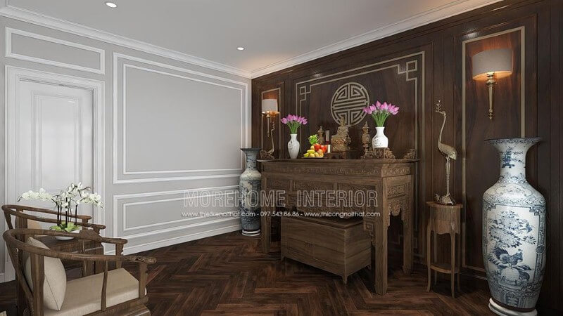 Trang trí nội thất phòng thờ gỗ óc chó đẹp sang trọng ấn tượng từ nội thất gỗ óc chó cao cấp cùng cách kết hợp đồ khéo léo từ tủ thờ, tấm ốp tường chữ Thọ, kệ trang trí, bộ ghế bành đẹp mắt. Thiết kế nội thất cao cấp