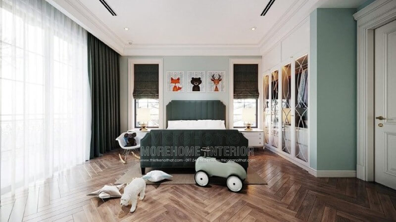 Giường ngủ cho bé trai đẹp với thiết kế bọc nệm độc đáo cùng sắc xanh ấn tượng tạo điểm nhấn nổi bật cho toàn bộ không gian. Thiết kế nội thất cao cấp