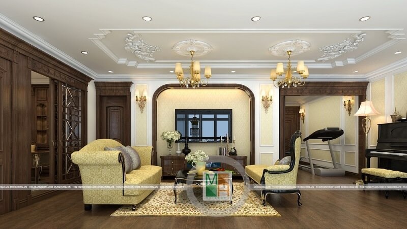 Thiết kế nội thất phòng khách chung cư Mandarin sang trọng với phong cách tân cổ điển cùng đồ nội thất gỗ tự nhiên cao cấp. Tư vấn chọn lựa mẫu thiết kế phòng khách độc đáo