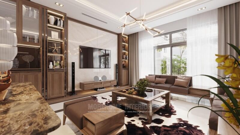 Trang trí nội thất phòng khách ấn tượng, gam màu nâu chủ đạo nhẹ nhàng gợi cảm giác sang trọng và đẳng cấp cho chủ nhân ngôi nhà Tư vấn chọn lựa mẫu thiết kế phòng khách độc đáo