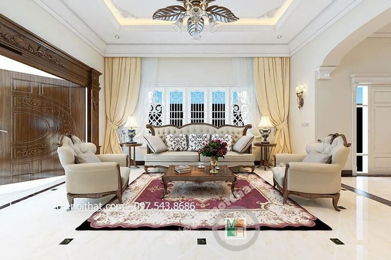 Thiết kế phòng khách rộng với nội thất gỗ tự nhiên tone màu trắng tạo không gian phòng cao cấp sang trọng Tư vấn chọn lựa mẫu thiết kế phòng khách độc đáo