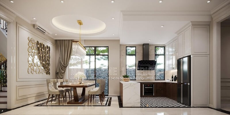 Phong cách đương đại đẹp sang trọng trong trang trí phòng ăn liền bếp. Thiết kế nội thất