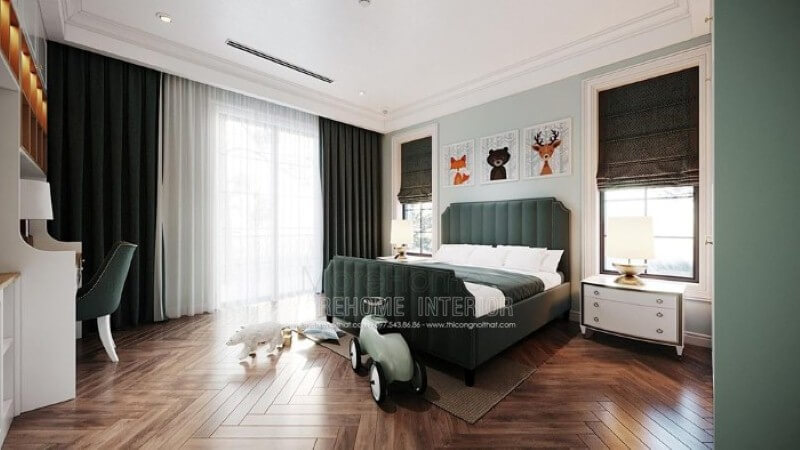 Bộ tranh trang trí hình ảnh các con vật đáng yêu tạo điểm nhấn sinh động cho phòng con. Thiết kế nội thất