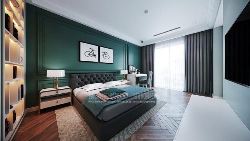 Giường bọc nệm đẹp ấn tượng với kiểu dáng vuông vắn kết hợp các nút nệm đầu giường tạo cảm giác êm ái, sang trọng cho phòng ngủ đương đại. Thiết kế nội thất