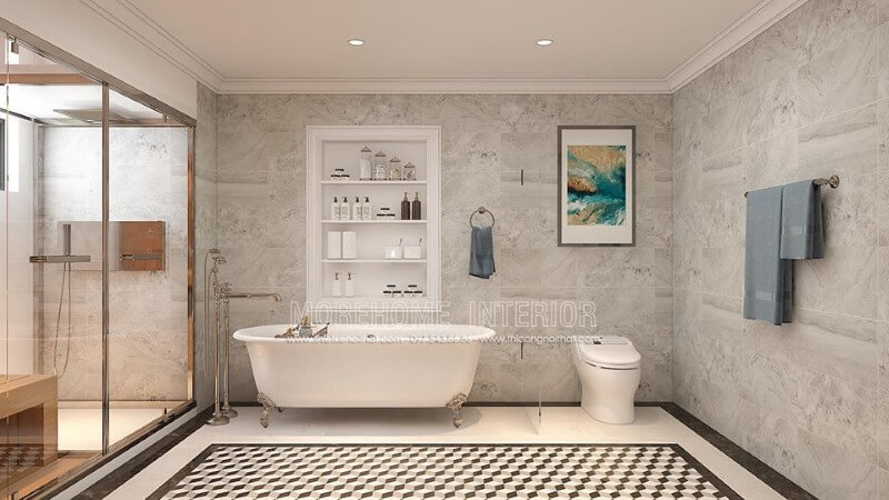 Bồn tắm độc lập Vitoria Hafele cao cấp kết hợp cùng cách bố trí khoa học, thẩm mỹ từ đá ốp tường, gạch lát nền giả cổ, vách tắm kính đã tạo nên không gian phòng tắm đẹp, sang trọng, độc đáo. Thiết kế nội thất