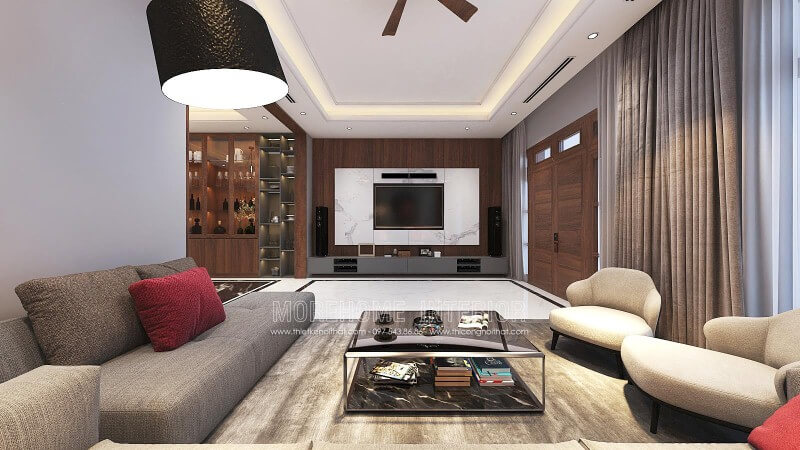 Đá trắng vân mây kết hợp gỗ ốp tường vân óc chó cao cấp tạo nên vẻ đẹp sang trọng đầy lôi cuốn cho phòng khách hiện đại. Thiết kế nội thất