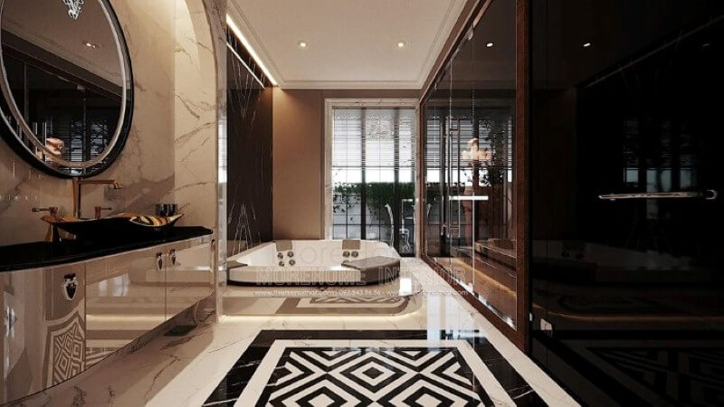 Đá ốp tường, sàn đẹp sang trọng tạo nét đẹp ấn tượng cho phòng tắm cao cấp. công ty thiết kế nội thất cao cấp