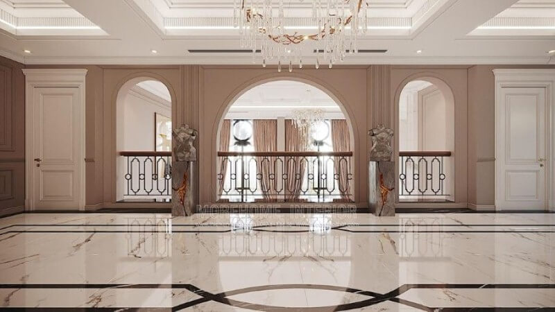 Trang trí hành lang đẹp, sang trọng cho phòng khách thông tầng. công ty thiết kế nội thất cao cấp