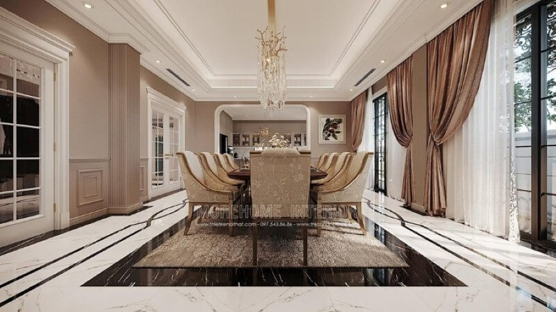 Thiết kế nội thất phòng ăn đẹp ấn tượng với đồ nội thất cao cấp và cách phối màu khéo léo tạo nên vẻ đẹp tinh tế cho toàn bộ không gian. công ty thiết kế nội thất cao cấp