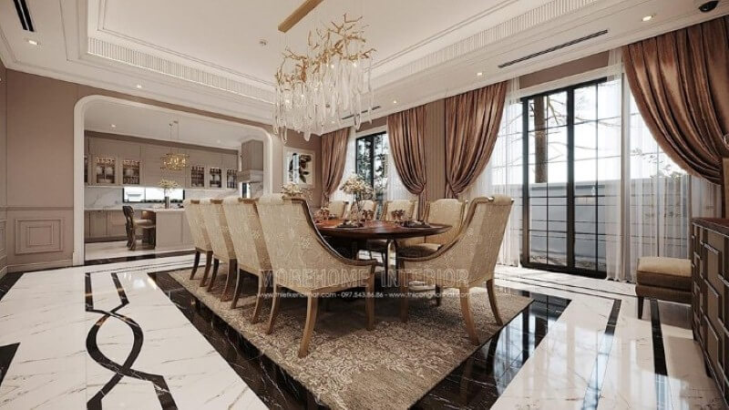 Thiết kế nội thất phòng ăn liền bếp phong cách đương đại đẹp, sang trọng. công ty thiết kế nội thất cao cấp
