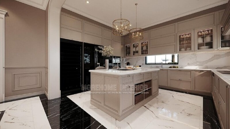 Tủ bếp chữ U gỗ tự nhiên cao cấp tạo vẻ đẹp sang trọng cho không gian nhà phố, biệt thự. công ty thiết kế nội thất cao cấp