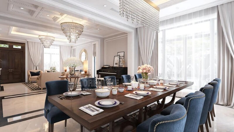 Thiết kế phòng ăn liền phòng khách đẹp, sang trọng ấn tượng với sắc xanh nổi bật từ bộ bàn ghế cùng lối thiết kế nội thất tân cổ điển quý phái. công ty thiết kế nội thất cao cấp