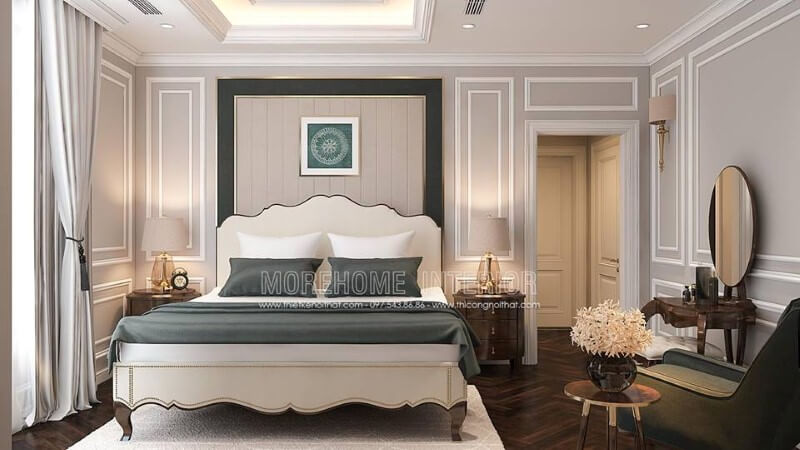 Bố trí nội thất phòng ngủ tân cổ điển sang trọng, quý phái. công ty thiết kế nội thất cao cấp