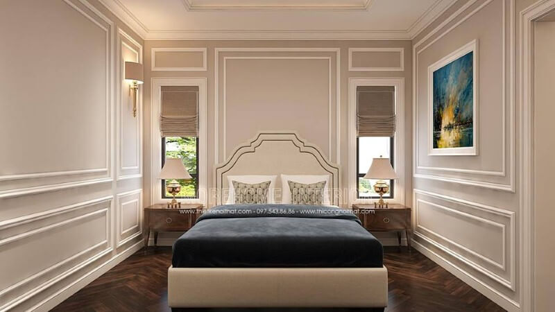 Thiết kế nội thất phòng ngủ tân cổ điển sang trọng, thông thoáng với hệ cửa đầu giường giúp không gian luôn được thông thoáng. công ty thiết kế nội thất cao cấp