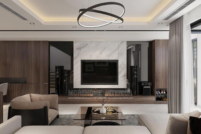 Đá ốp tường vân mây càng đẹp điểm nhấn ấn tượng trong trang trí phòng khách hiện đại. Thiết kế nội thất