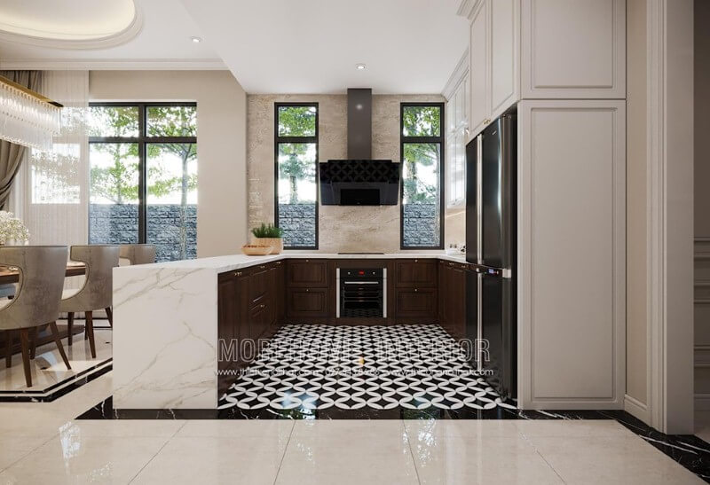 Đá ốp bếp tự nhiên cao cấp với đường vân mây độc đáo tạo vẻ đẹp sang trọng cho không gian bếp đương đại. Thiết kế nội thất