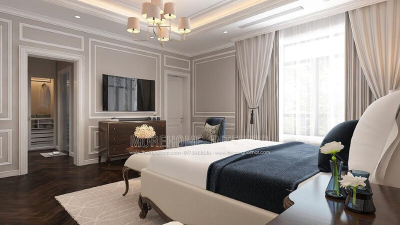 Trang trí nội thất phòng ngủ tân cổ điển có tủ quần áo đối diện giường ngủ khoa học, phong thủy. Thiết kế nội thất