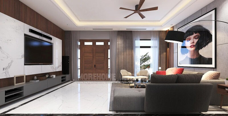 Trang trí nội thất phòng khách hiện đại đẹp, sang trọng từ đá ốp tường vân mây, tranh treo tường nghệ thuật cùng sofa hiện đại cao cấp. Thiết kế nội thất