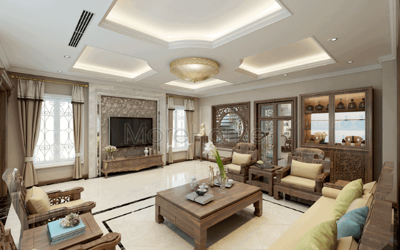 Thiết kế nội thất phòng khách phong cách Á Đông sang trọng, đẳng cấp tại biệt thự Riverside Nguyễn Duy Trinh, Quận 2, Tp. Hồ Chí Minh. Thiết kế nội thất