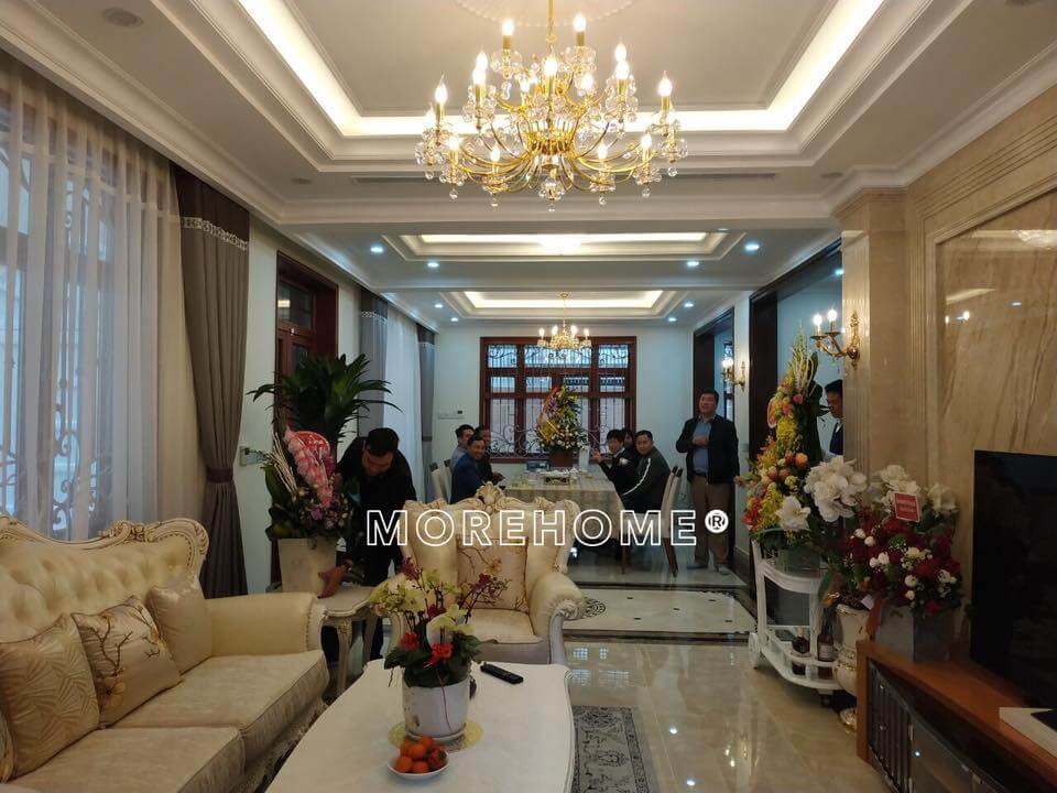 Sofa bành bọc da cao cấp dành cho biệt thự tân cổ điển tại Hà Nội Thi công nội thất phòng khách đẹp, sang trọng