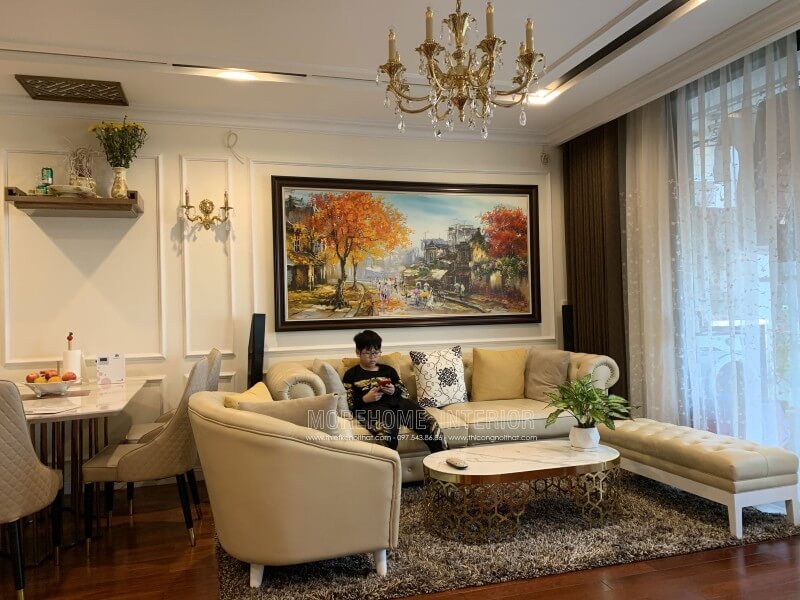 Công trình hình ảnh thi công sofa tân cổ điển bọc da đẹp tinh tế cho phòng khách chung cư Vinhomes Nguyễn Chí Thanh quận Đống Đa Hà Nội Thi công nội thất phòng khách đẹp, sang trọng