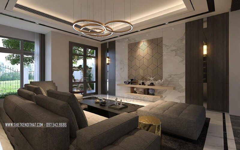 Thiết kế nội thất phòng khách hiện đại, đẹp, sang trọng từ đồ nội thất cao cấp cùng cách bố trí độc đáo.