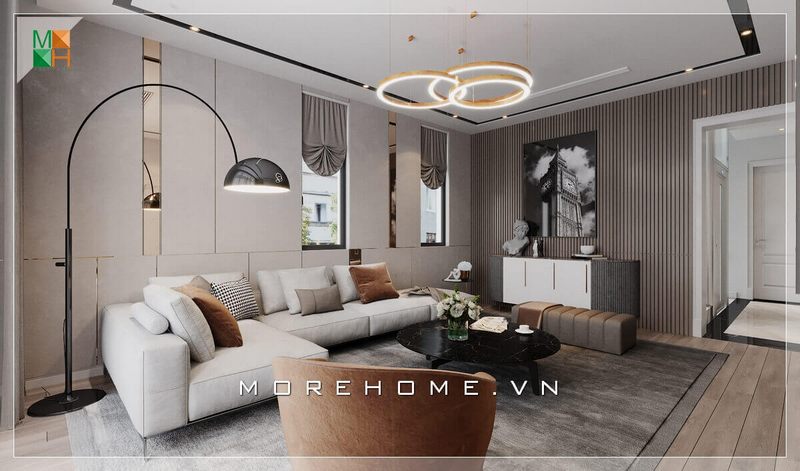 Mẫu thiết kế phòng khách cho chung cư, nhà phố có diện tích vừa, sử dụng nội thất tông màu trung tính vô cùng sang trọng, cao cấp