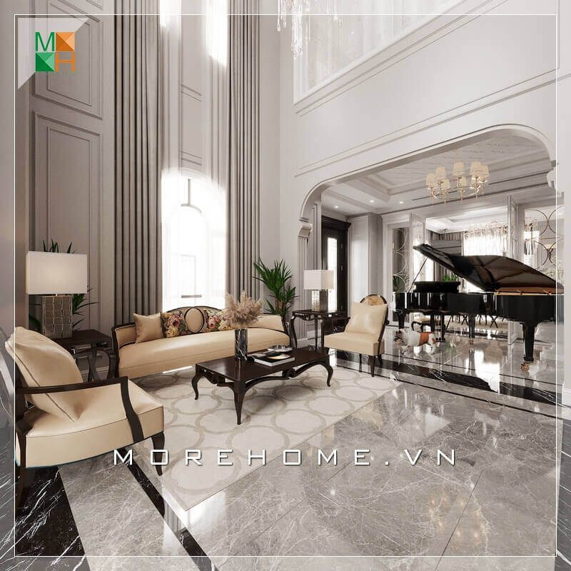 Một cây đàn piano được đặt tại không gian phòng khách có cùng tone màu bộ bàn ghế sofa óc chó là điểm nhấn độc đáo, thể hiện sự tinh tế và sáng tạo của KTS tạo nên một không gian phòng khách lý tưởng.