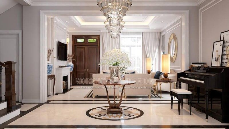 Thiết kế nội thất phòng khách tân cổ điển có đàn piano đẹp, sang trọng tại biệt thự Palm Garden.