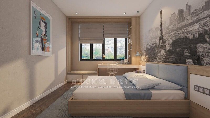Thiết kế nội thất phòng ngủ hiện đại có bàn làm việc hay góc học tập gần cửa sổ đẹp, sang trọng và tiện ghi.
