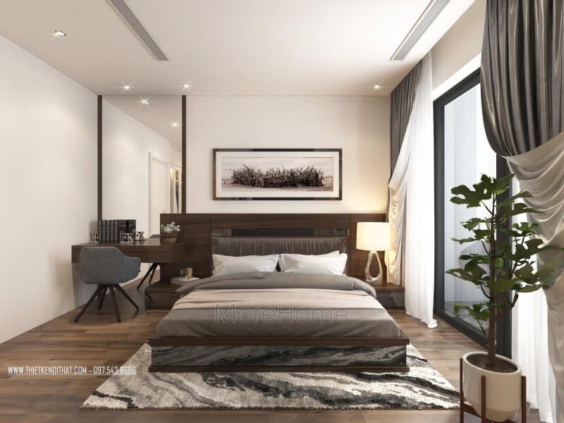 Thiết kế mẫu trần thạch cao phẳng hiện đại cùng hệ thống ánh sáng nhẹ giúp phòng ngủ trở nên thoáng rộng hơn và có vẻ lung linh và tinh tế hơn.