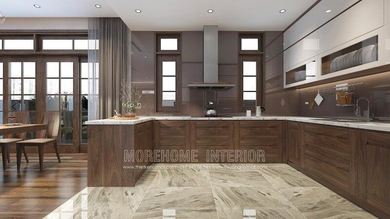 Tủ bếp chung cư cao cấp được thiết kế bằng chất liệu gỗ óc chó nhập khẩu sẽ tạo nên sự sang trọng, tinh tế và đẳng cấp, gu thẩm mỹ cho ngôi nhà của chủ nhân.