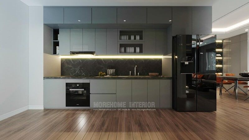 Thiết kế nội thất phòng bếp trong căn hộ hiện đại với phong cách đẹp mắt sẽ làm hài lòng mọi người.