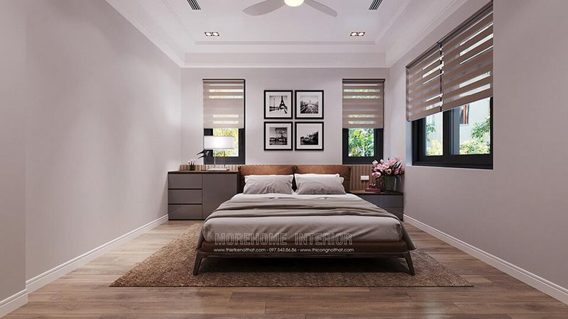Giường ngủ có thiết kế phong cách hiện đại bằng gỗ đem lại sự sang trọng cho không gian nội thất phòng ngủ của dự án Starlake Tây Hồ.